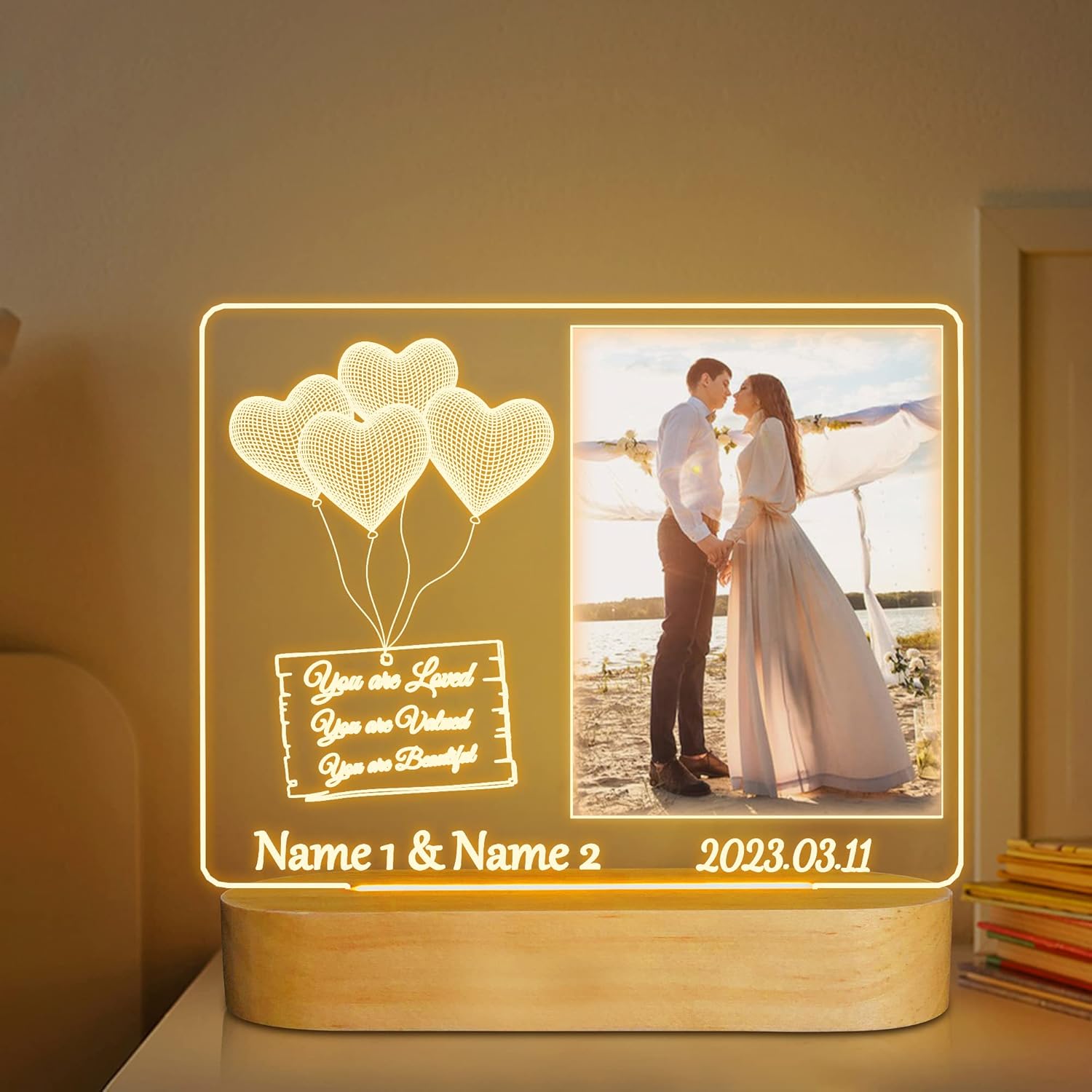 Attivolife Personalized 3D Wooden Lamp, LED Warm Color Night Light Room Decor with Custom Picture, Your Name, Memorial Day, Any Text in a Fixed Position, Best Birthday Gifts for Lover Men Women