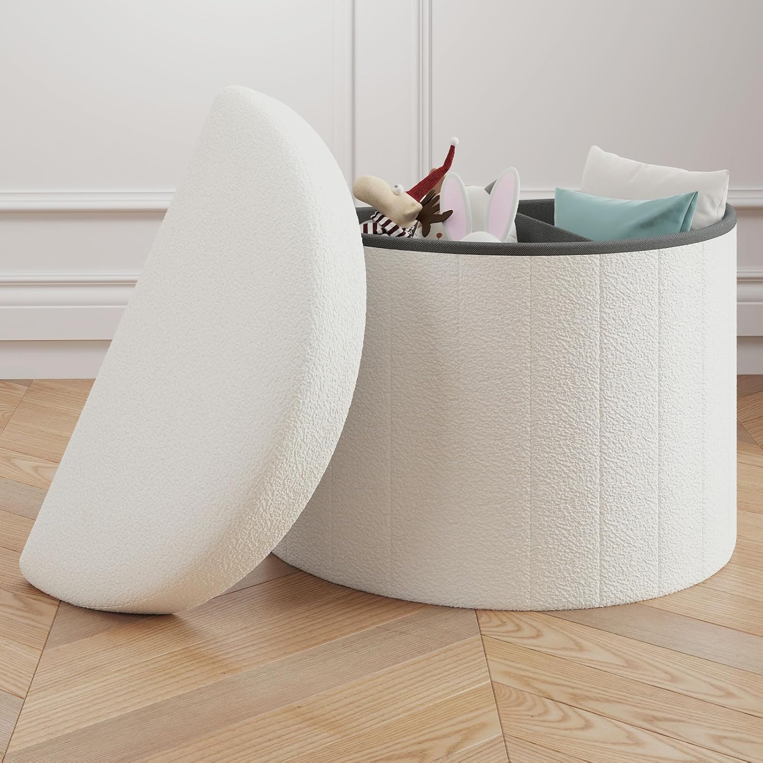 White Ottoman with Storage Space, Foldable Footrest Vanity Stools, Partition Defragmentation and Easy Setup(White-D1)