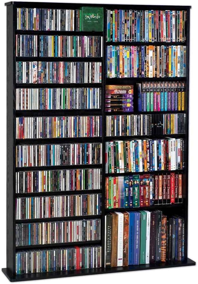 Leslie Dame High Capacity Oak Veneer Multimedia Storage Rack, Black