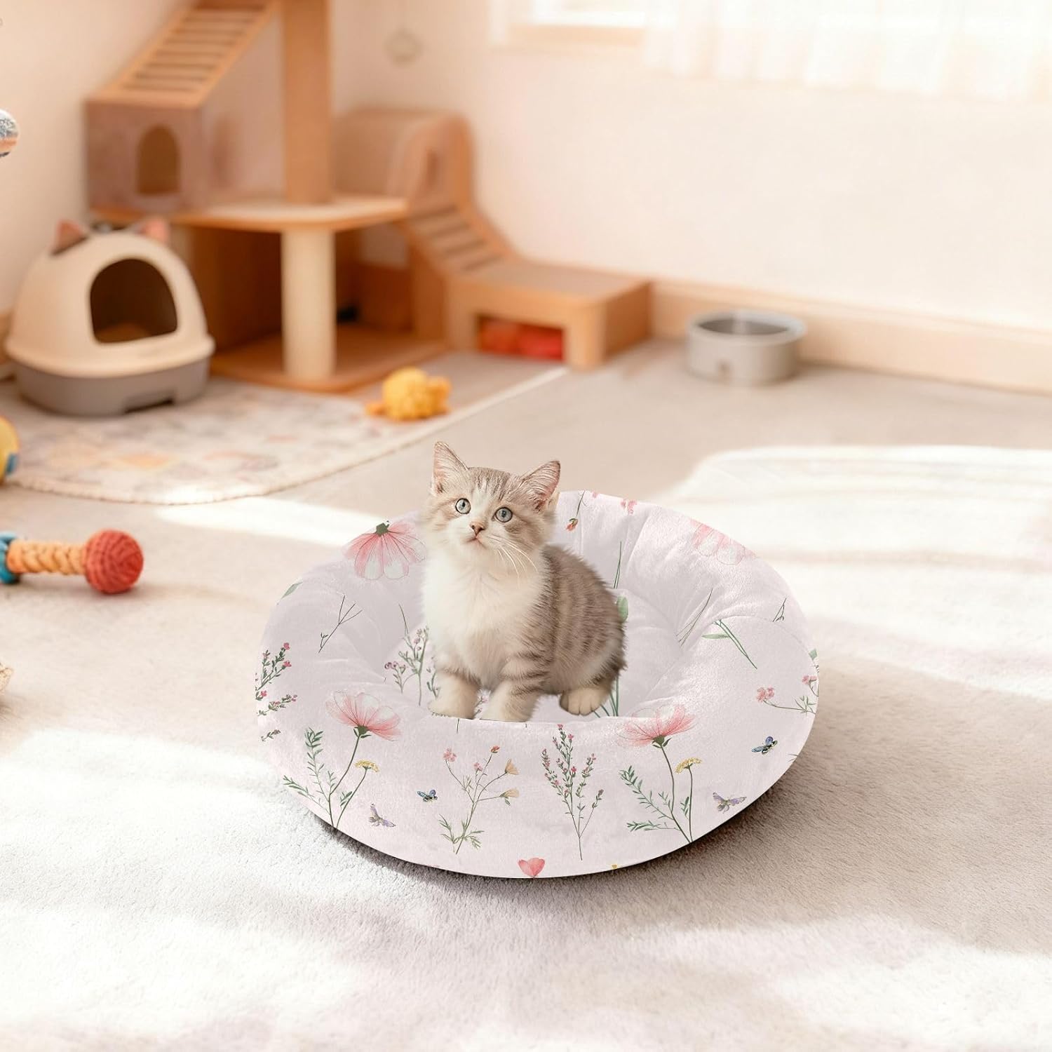 Pet Dog Bed Warm & Cozy Fluffy Cat Pillow Bed for Small Size Pets Supplies M Cartoon Callistephus Blush