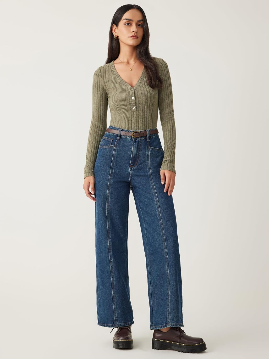 CIDER Women's Rib V-neck Solid Button Bodysuit