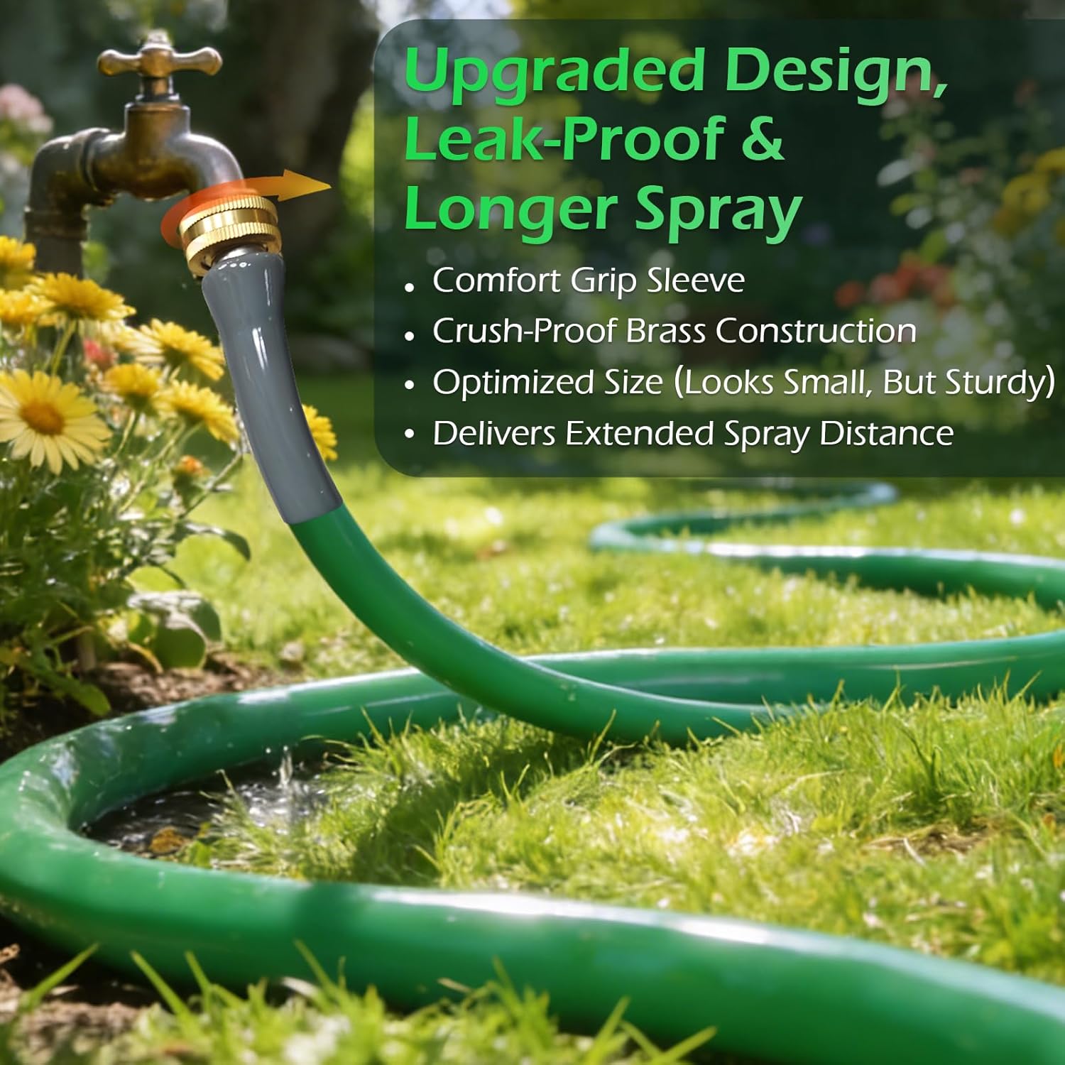 Next-Gen Garden Hose in EPDM Rubber "Slim, Lighter & Stronger" Anti-Aging Special Durable Rubber Formula, UV & Weather Resistant Water Hose for Backyard, Lawn and Outdoor (15 Ft, Green)