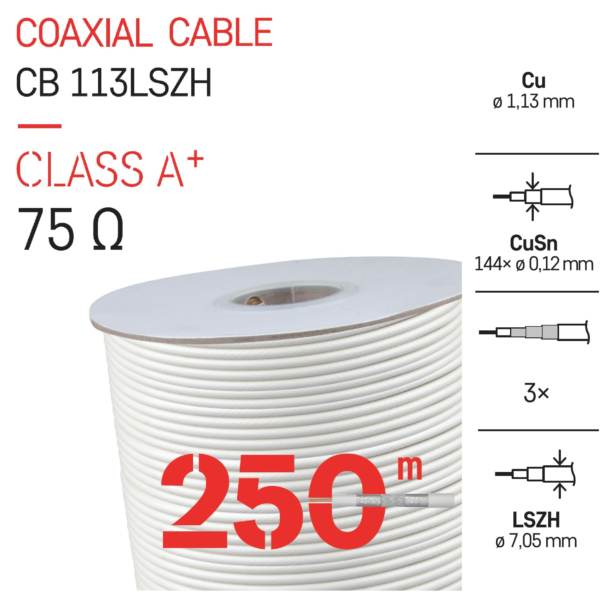 EMOS - Cavo antenna 250 m per SAT, TV e CCTV tipo CB113 LSZH - Cavo coassiale classe A+ tripla schermatura - Cavo TV, cavo satellitare, cavo CCT - Schermatura Trishield - Resistenza 75 Ohm - Bianco