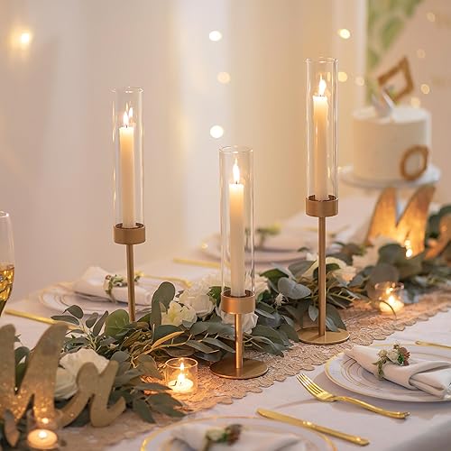 Miniatura 3 de Candelabros de cristal dorado para huracanes, portavelas Romadedi con forma cónica de cristal transparente, centro de mesa, centro de mesa,