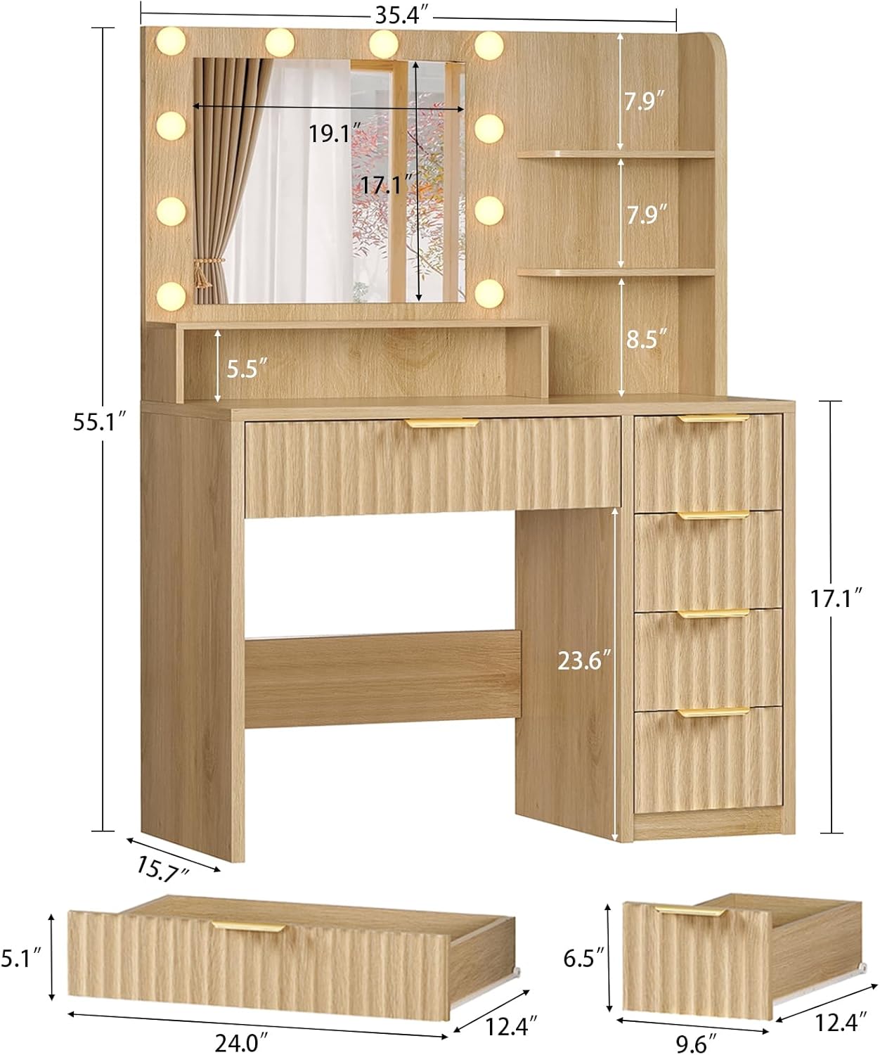 Vanity Desk with Mirror and Lights, Makeup Vanity with 5 Drawers & Storage Shelves, 3 Color Modes & Adjustable Brightness, Fluted Vanity for Girls, Natural