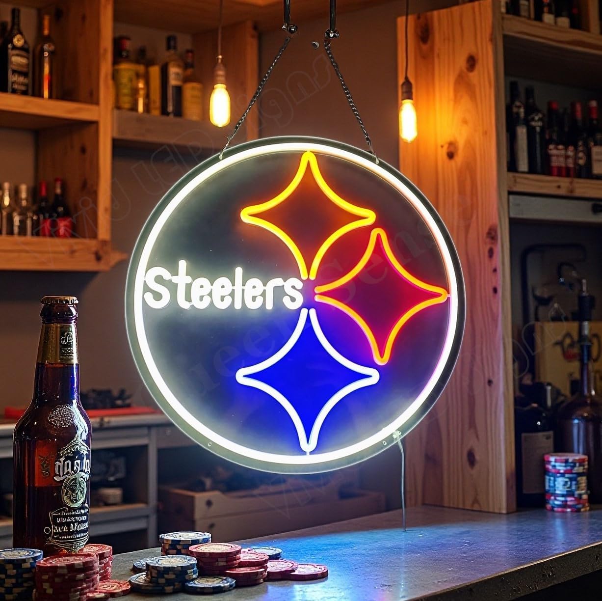 Queen Sense 16"x16" Pittsburghs Sports Steelers LED Neon Sign for Wall Decor USB Powered Dimmable LED Lights Signs Man Cave Bar Pub Beer Art Gift BH668