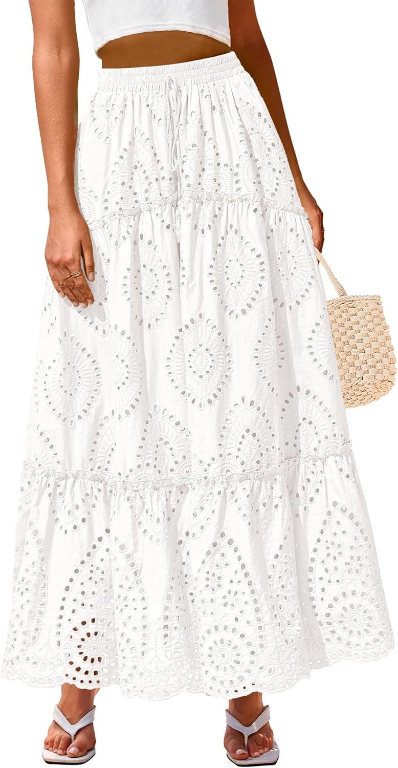 BTFBM Boho Long Skirts for Women Spring Summer 2026 Lace Embroidery High Waist Flowy Tiered Maxi Skirt Beach Vacation