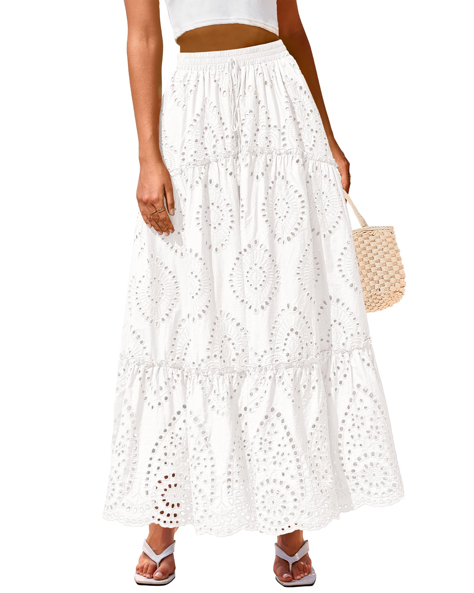 BTFBM Women's Boho Casual Skirts Summer 2025 Lace Embroidery Eyelet Elastic Waist Flowy Tiered A-Line Beach Maxi Skirt