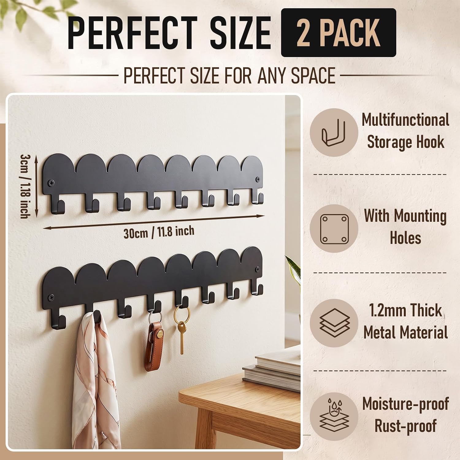 Beeveer 2 Pack Scalloped Wave Edge Key Holder for Wall, 11.8" with 8 Hooks