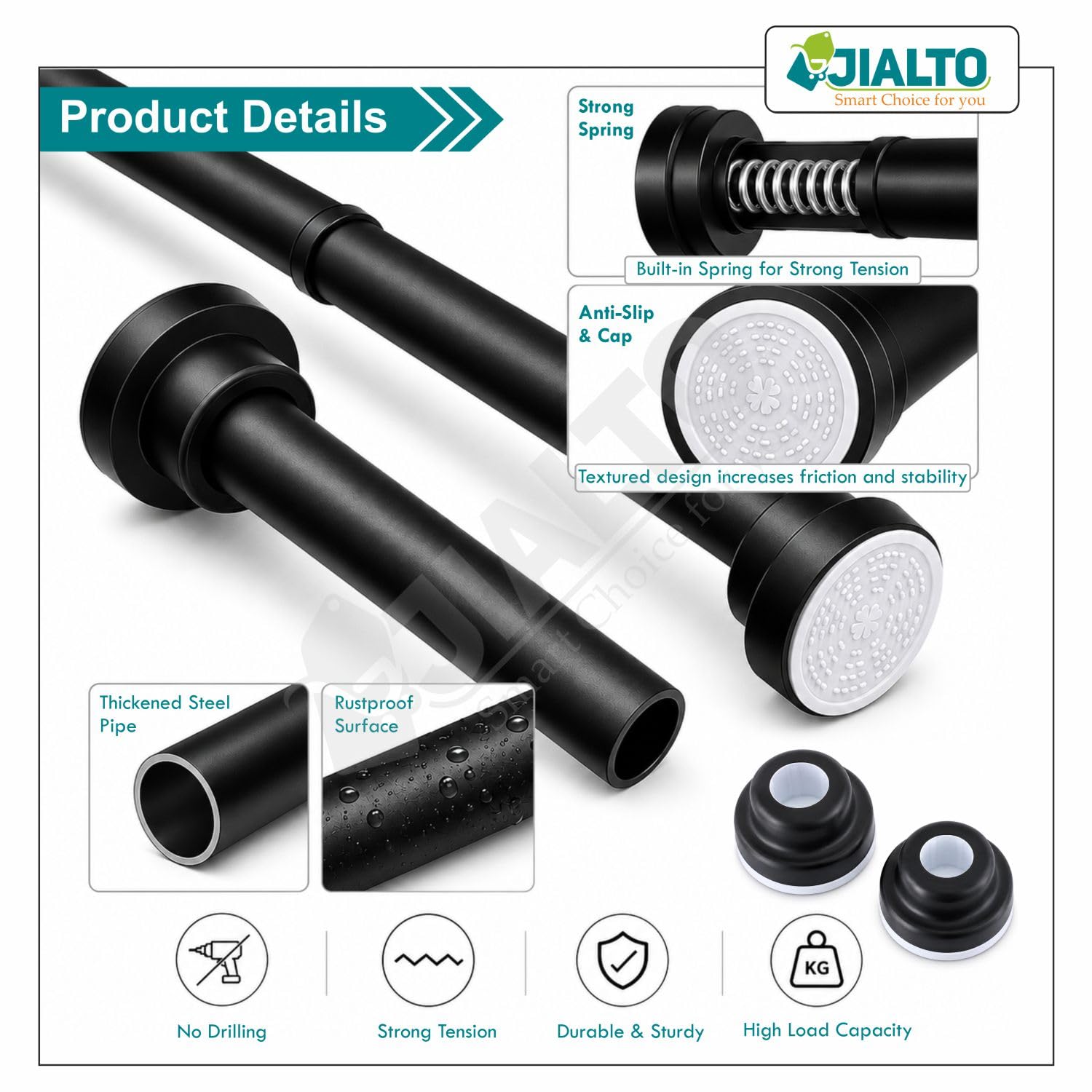 JIALTO Adjustable Bathroom Shower Curtain Rod 155 To 295 Cm Extendable Shower Tension Rod | Without Drill for Wall Anti-Skid Spring Pull Door | Telescopic Shower Curtain Stand (BLACK - 1 Pcs) — Amazon image 7