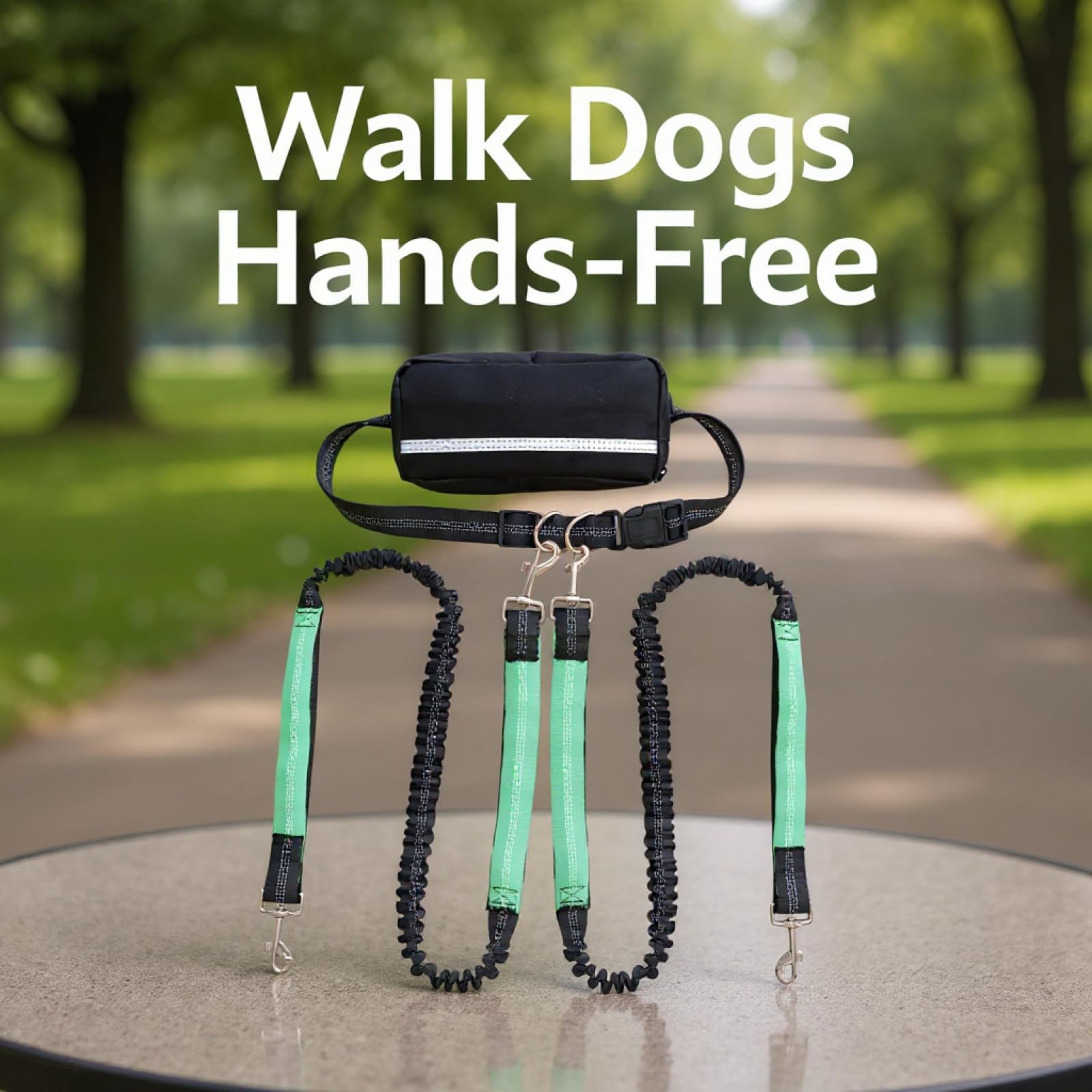 Freihand-Hundeleine mit Tasche, Doppel-Hundeleine für 2 Hunde, ausziehbare Bungee-Leine, Verhedderungsschutz, Verstellbarer Hüftgurt, reflektierend, Robustes Nylon, grün