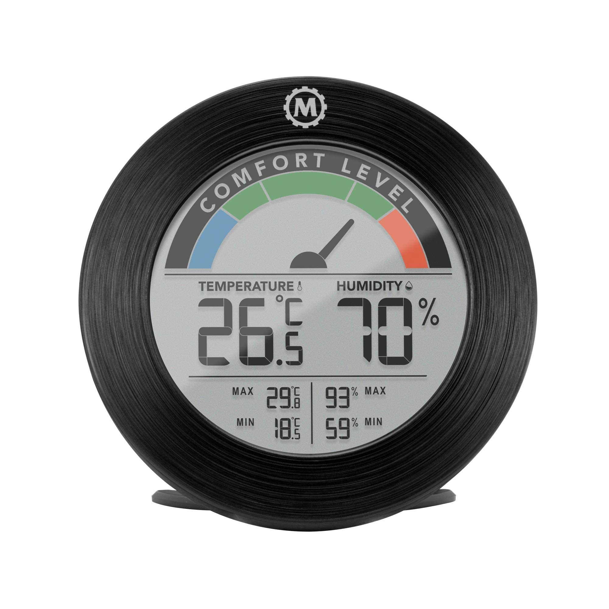 Marathon Austin - Termómetro e higrómetro inalámbrico para interiores, lee la temperatura interior y la humedad, indicador de comodidad, graba el día mín.-máximo formato compacto