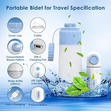 Portable Bidet for Travel 350ml High Pressure Handheld Electric Portable Bidet - IPX7 Waterproof, Pocket-Sized Rechargeable Travel Budet Bottle for Women, Men & Baby - Personal Hygiene Cleaning