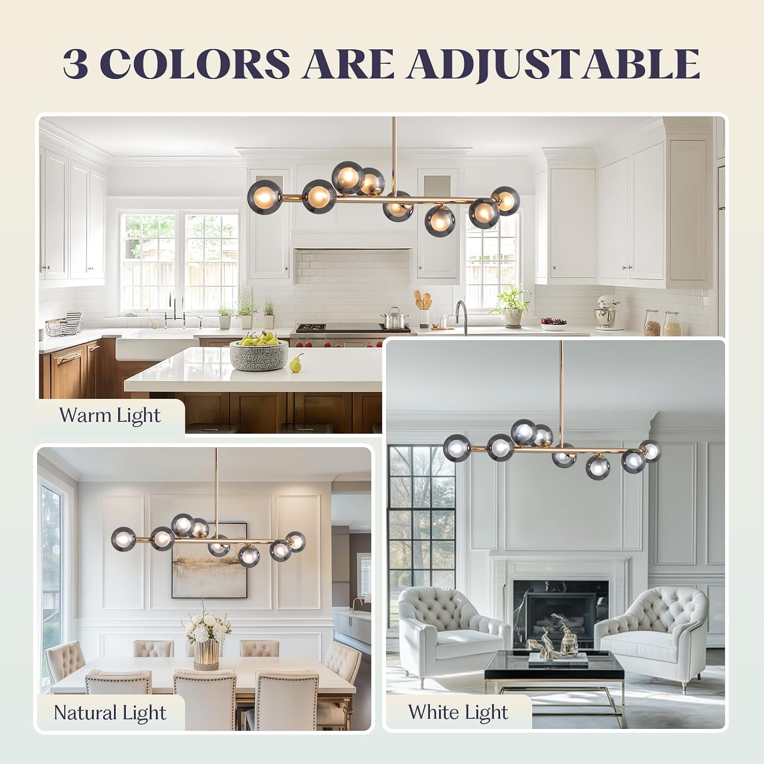 Mid Century Chandelier, Gold Sputnik Pendant Light with Smoky Gray Glass Lampshade,8 Lights Globe Rectangle Linear Chandeliers for Dining Room Kitchen L41INxW10IN