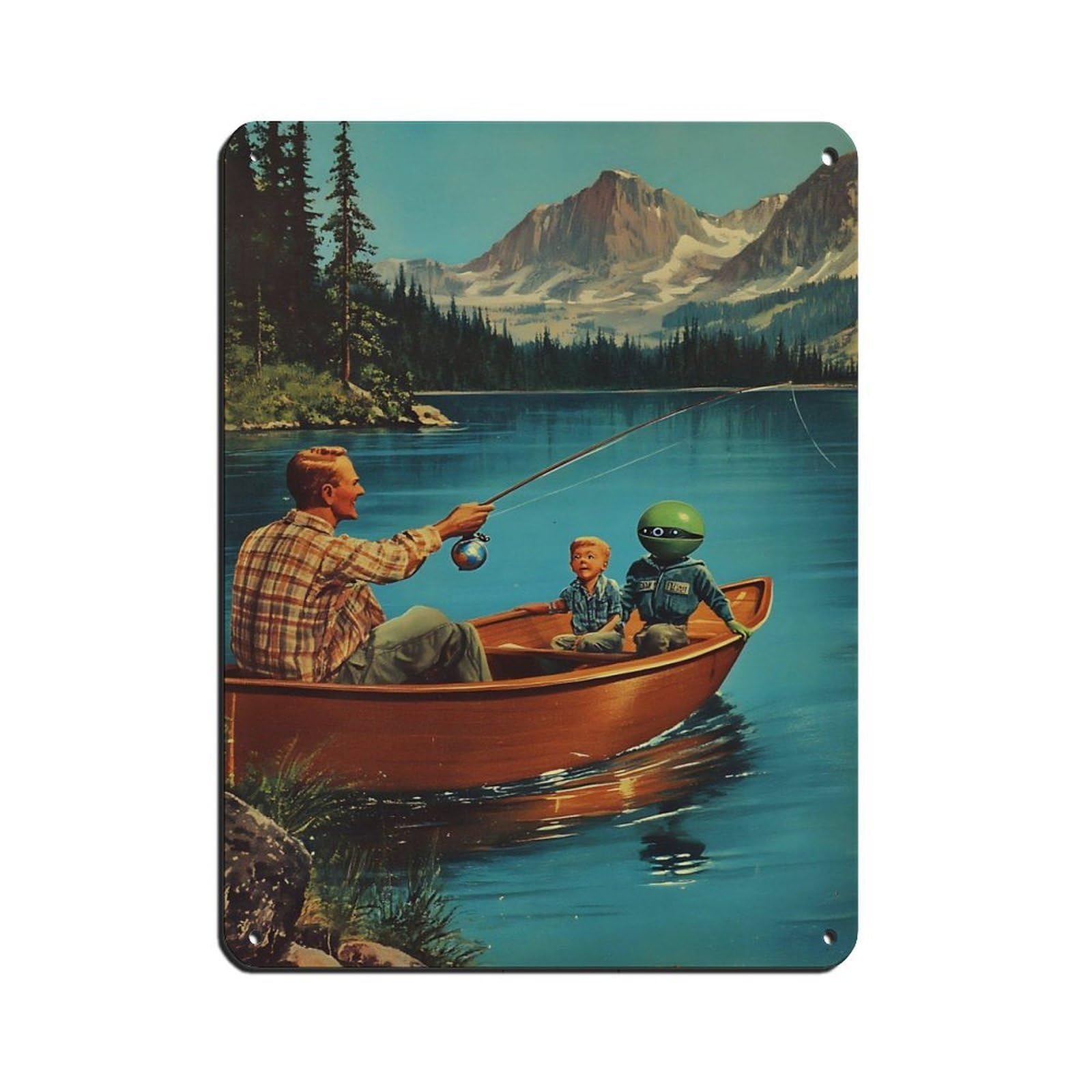 Surreal Fishing Trip With Robot Retro Poster Metal Tin Sign Chic Art Retro Iron Painting Bar People Cave Cafe Family Garage Poster Wall Decoration 12x16inch(30x40cm)