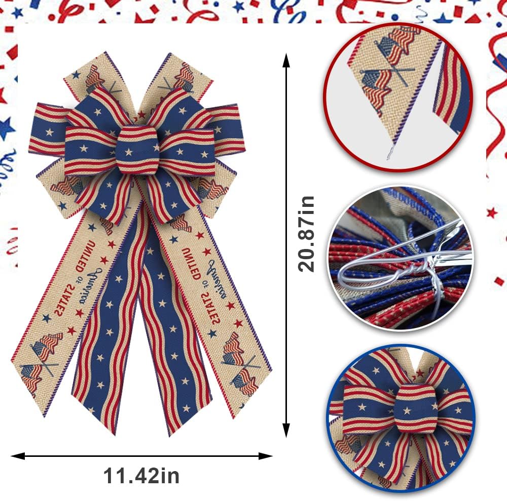 4th of July Bow for Wreath, American Flag Patriotic Wired Burlap 11.42x20.86 Inch, Red White Blue Bow, Front Door Mailbox Outdoor Decor, Independence Day Memorial Day