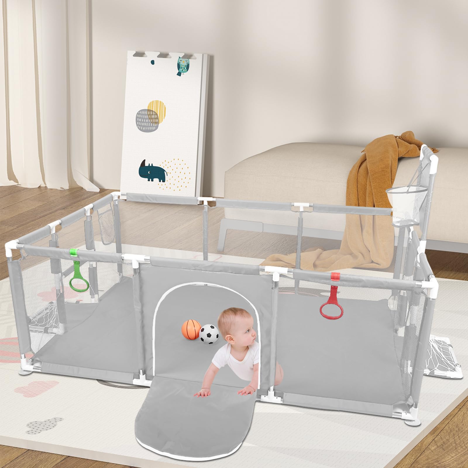 Box per bambini, in tessuto Oxford, recinzione per bambini, 50 palline, 4 anelli, 180 x 120 x 66 cm, grigio chiaro