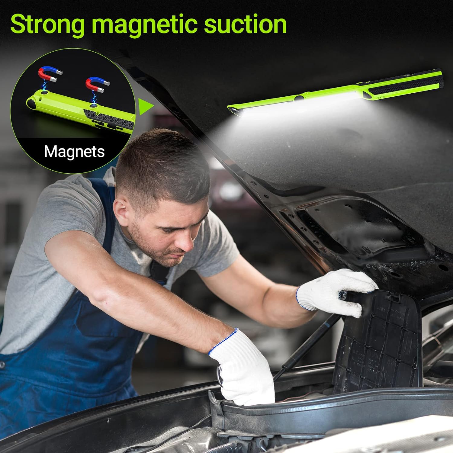 Work Light, Ropelux Rechargeable LED Work Light 1500 Lumens, Portable Flashlight 180° Rotate 3 Modes, with 3 Magnetic Base and Hook Mechanic Light, for Car Repairing/Under Hood/Emergency
