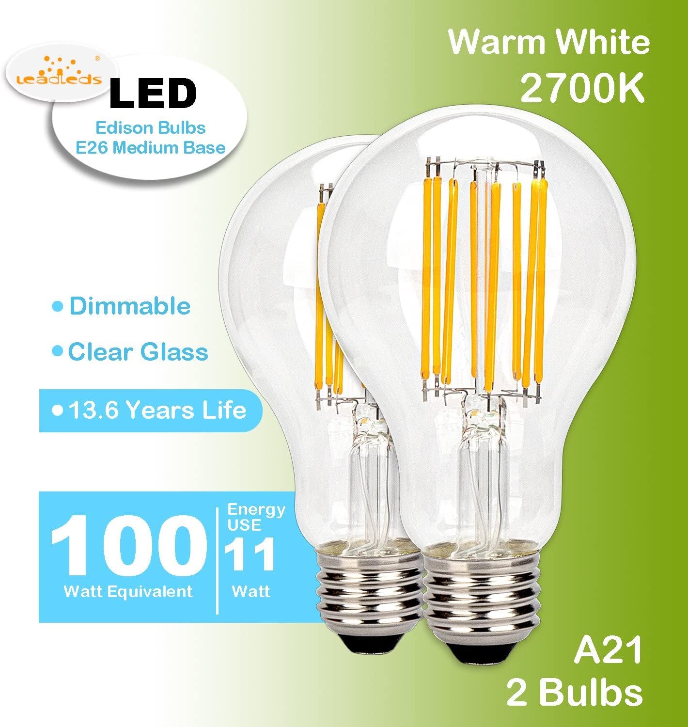 Vintage LED Edison Bulb 100W Equivalent 1500 Lumens, Dimmable 11W A21 LED Filament Light Bulbs, Warm White 2700K Antique Style Lighting, E26 Medium Screw Base,Pack of 2