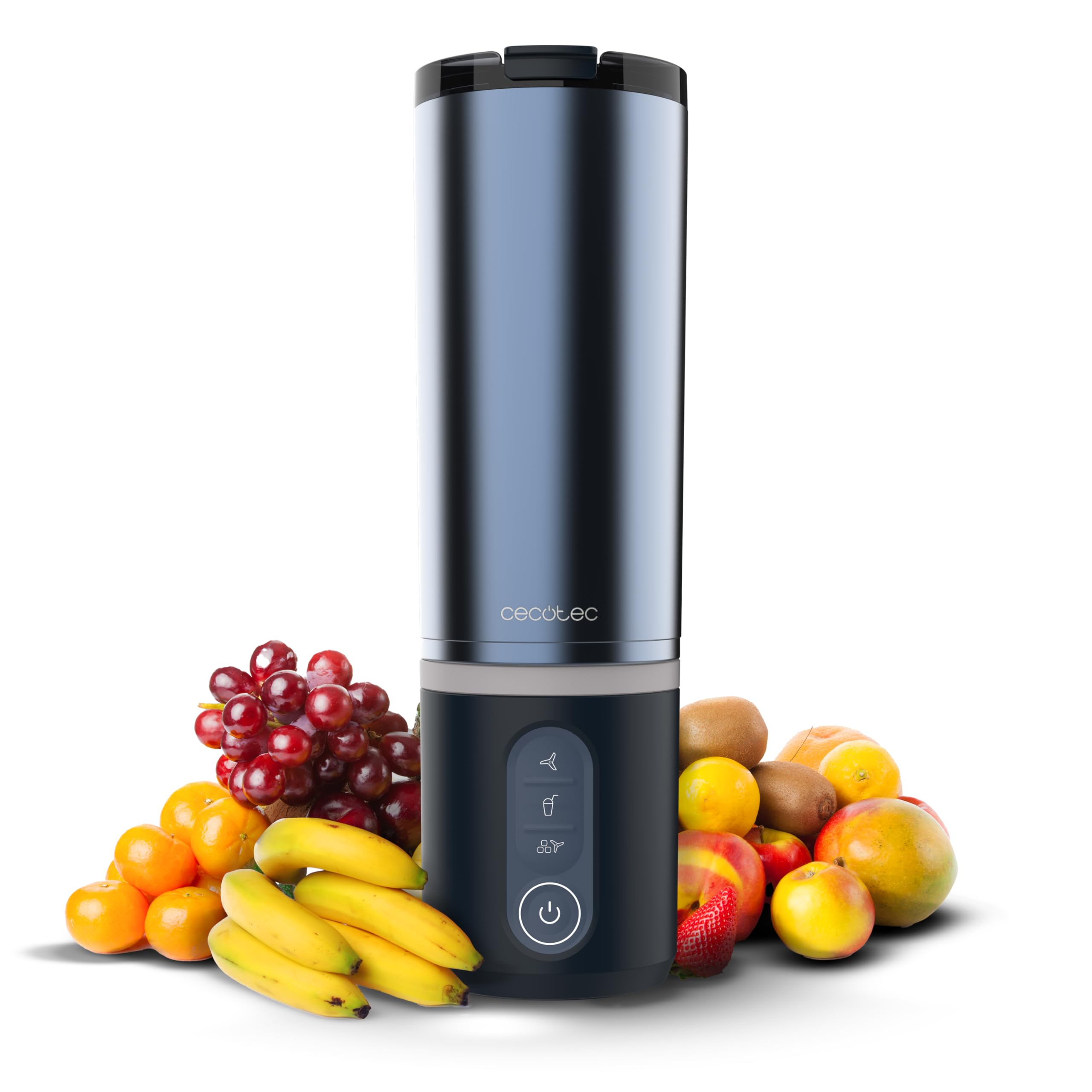 Cecotec Batidora de Vaso Portátil con 11,1V Power Titanium Shake2Go Dark Steel. 180W, Vaso Metal 600ml Libre BPA, 3 Programas Automáticos, Carga USB-C, Bebidas Frías por Más Tiempo
