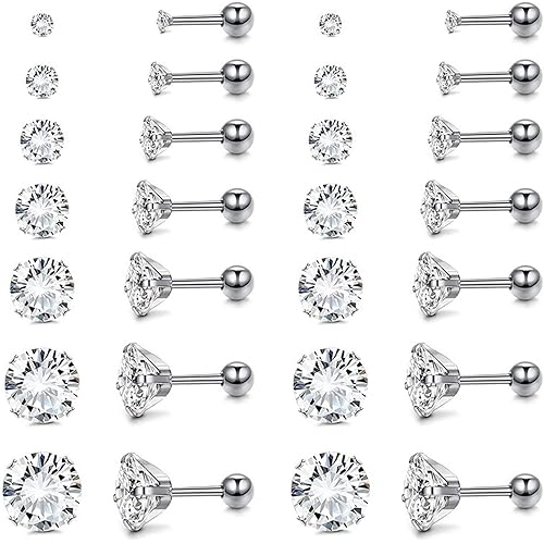 7 Pairs Stainless Steel Stud Earrings Set for Women Ladies Men,Hypoallergenic Cubic Zirconia 20G Cartilage 316L Surgical Stainless Steel CZ Earrings Round Helix Earrings Piercing Jewelry 2-8mm