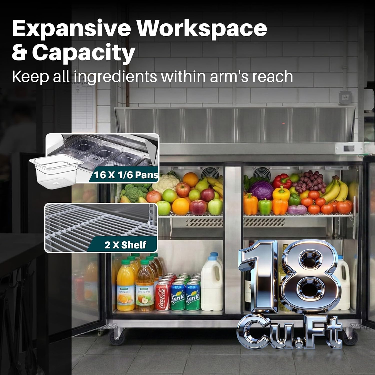 60" W Commercial Sandwich Salad Prep Table Refrigerator for Restaurant Bar Shop, Stainless Steel Sandwich Prep Table with 16 Pans, 18 Cu.Ft Capacity, Auto Defrost, Digital Temp Control, Low Noise