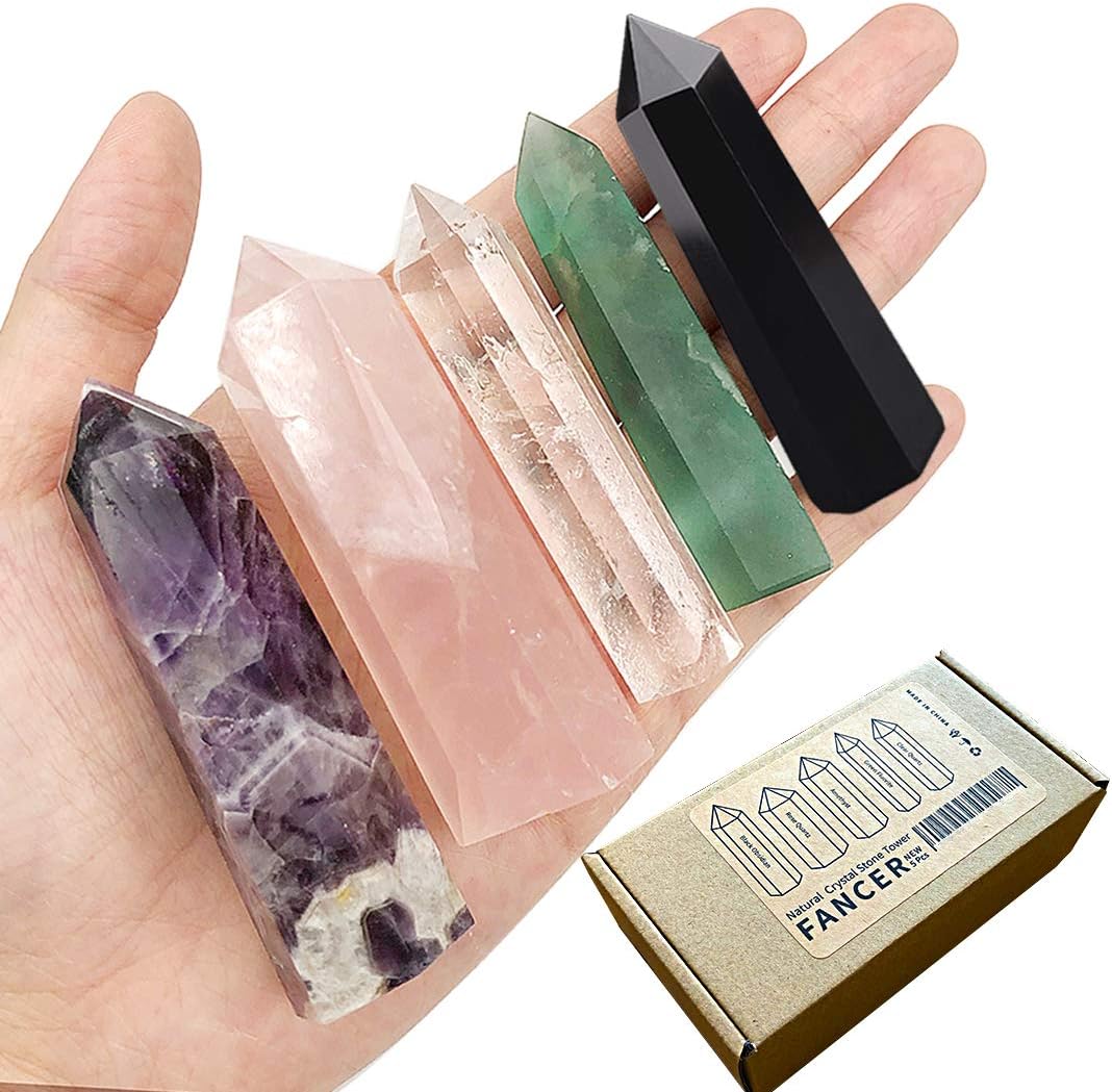 Healing Crystal Wand, FANCER 2.8 inches Amethyst Crystal 5 PCS Natural Rose Clear Quartz Green Fluorite Black Obsidian Gemstone Hexagonal Prism Crystal Tower Points Reiki Chakra Meditation Therapy
