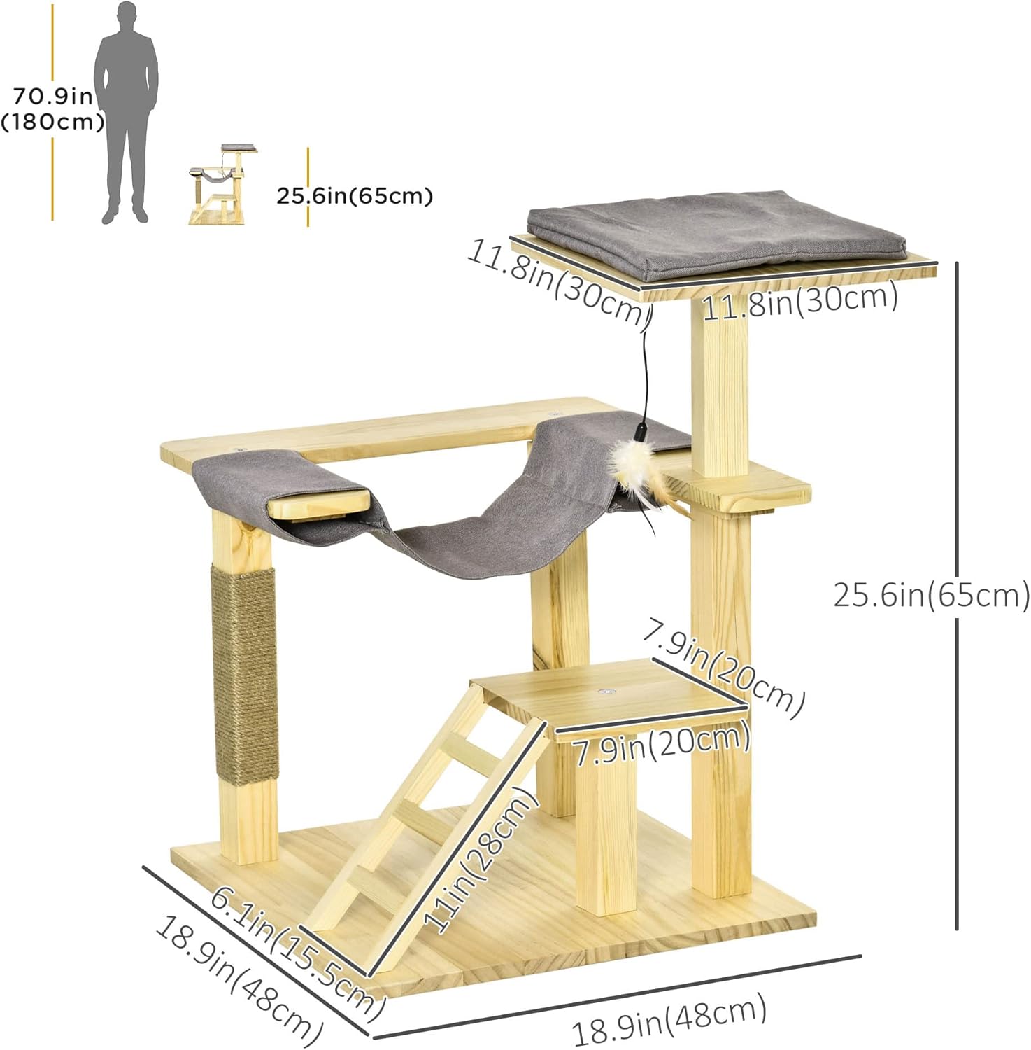Diagram showing the dimensions of the PawHut cat tree, including height, width, and depth of various platforms and the ladder.