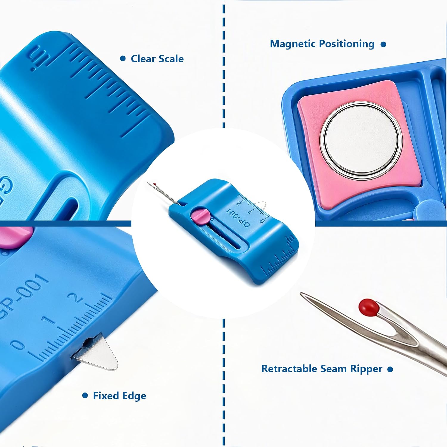 Magnetic Seam Guide for Sewing Machine, Edge Guide with Seam Ripper, Blue