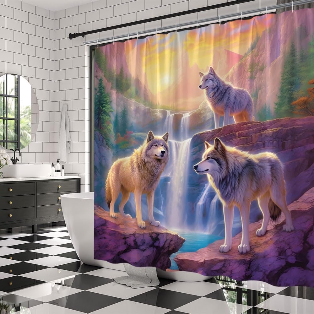 Wolf Shower Curtain Forest Mountain Sunset Waterfall Pine Tree Wild Animals Fabric Bathroom Decor Curtains with Hooks,80 x 70