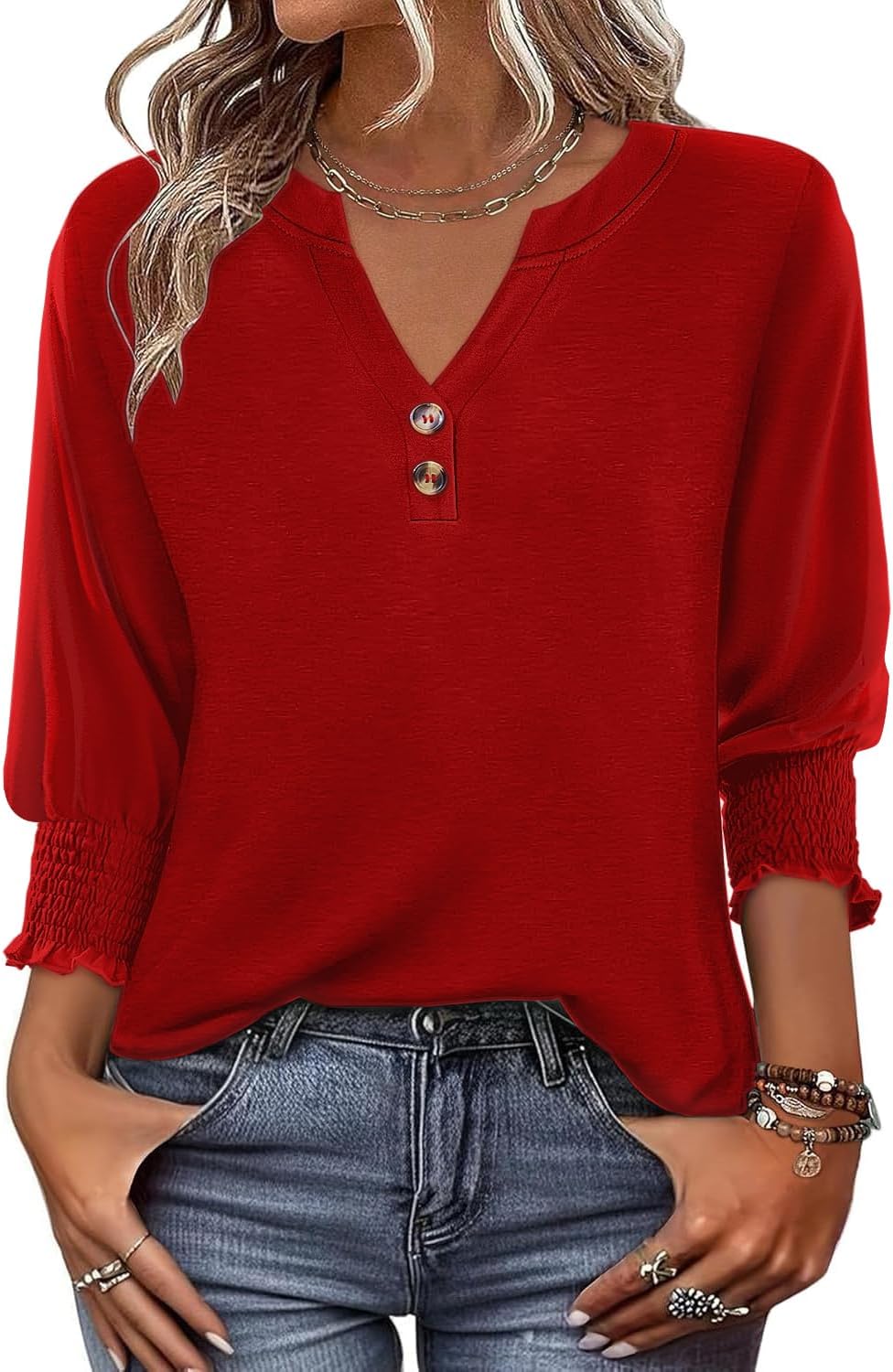 Hount 3/4 Sleeve Shirts for Women Dressy Casual Button V Neck Tops 2026 Summer Work Blouses Cute Henley Shirts