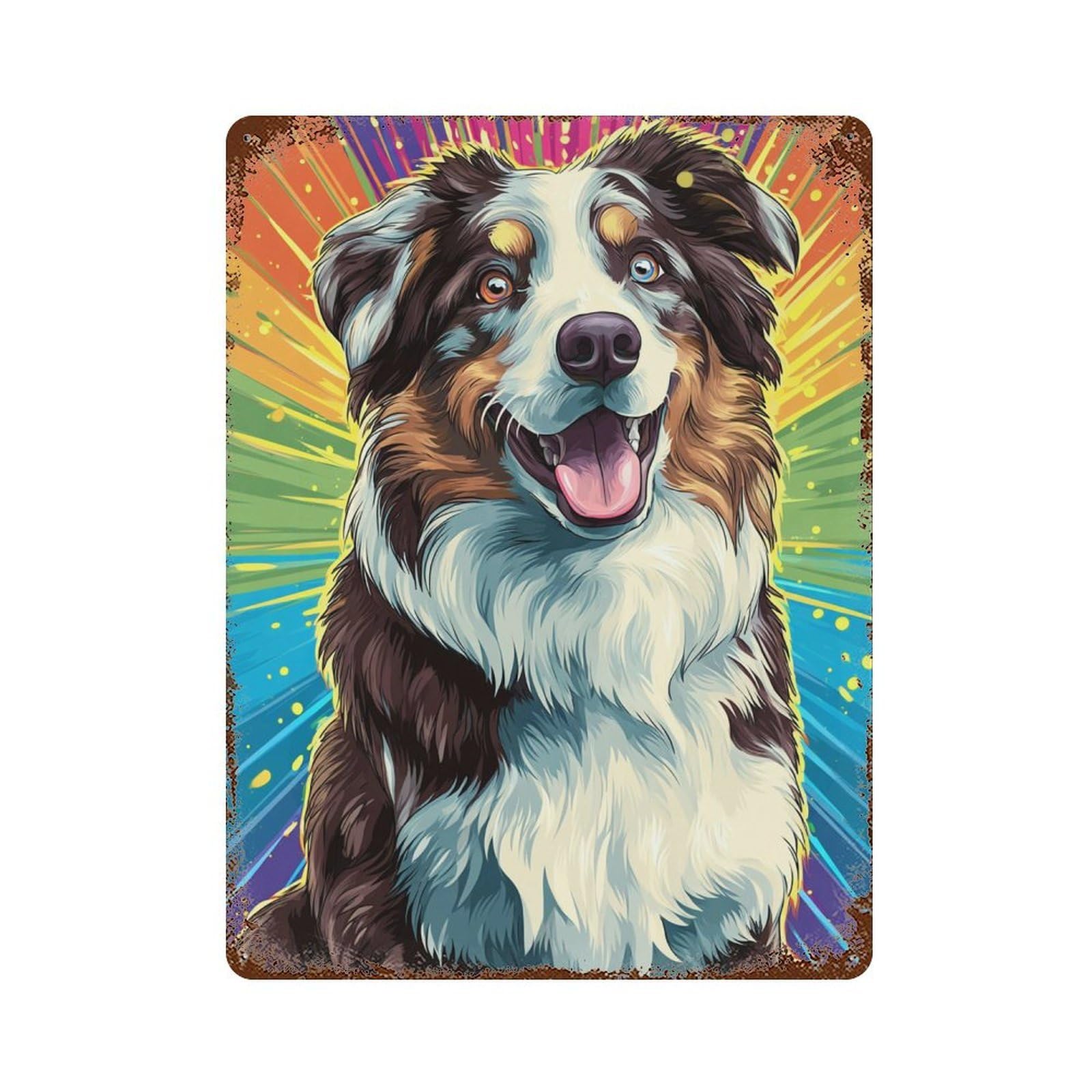 Colorful Australian Shepherd Art Print Rust Effect Tin Sign 15.7"x11.8", Vintage Wall Decor for Bistro, Counter And Cafe Decor