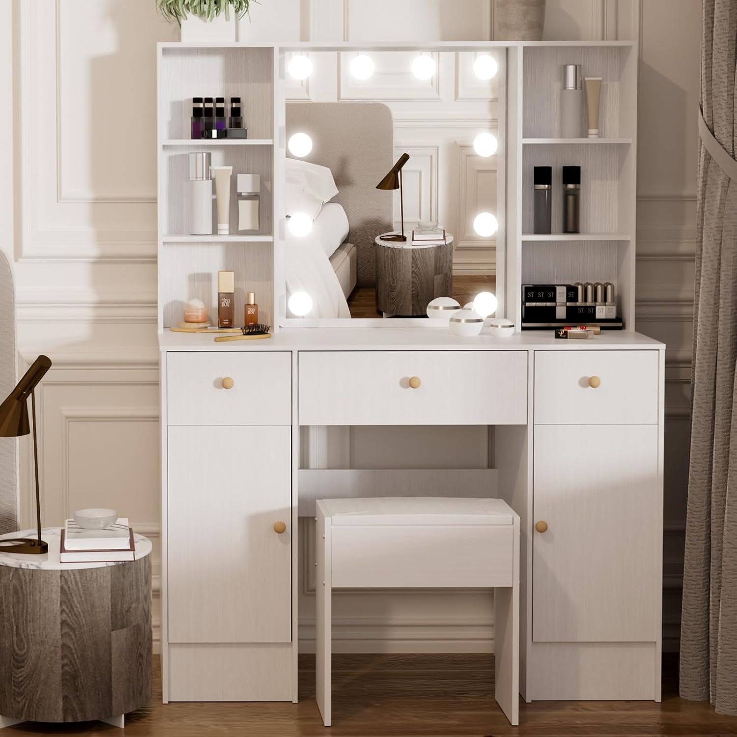 White Dressing Table with Mirror Lighted, 3 Drawers and Open Shelves, Makeup Vanity with Large Mirror and 3 Lighting Colors, 10 Brightness, Vanity for Bedroom & Dressing Room
