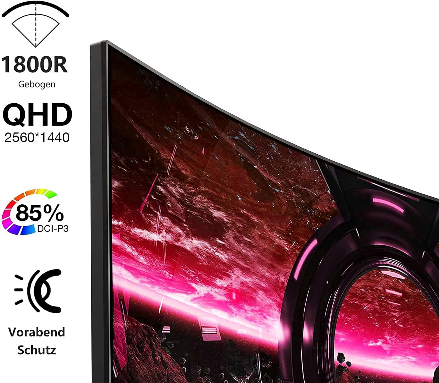 KOORUI 27E6QCA Monitor features: 1800R curvature, QHD resolution, 85% DCI-P3, eye protection