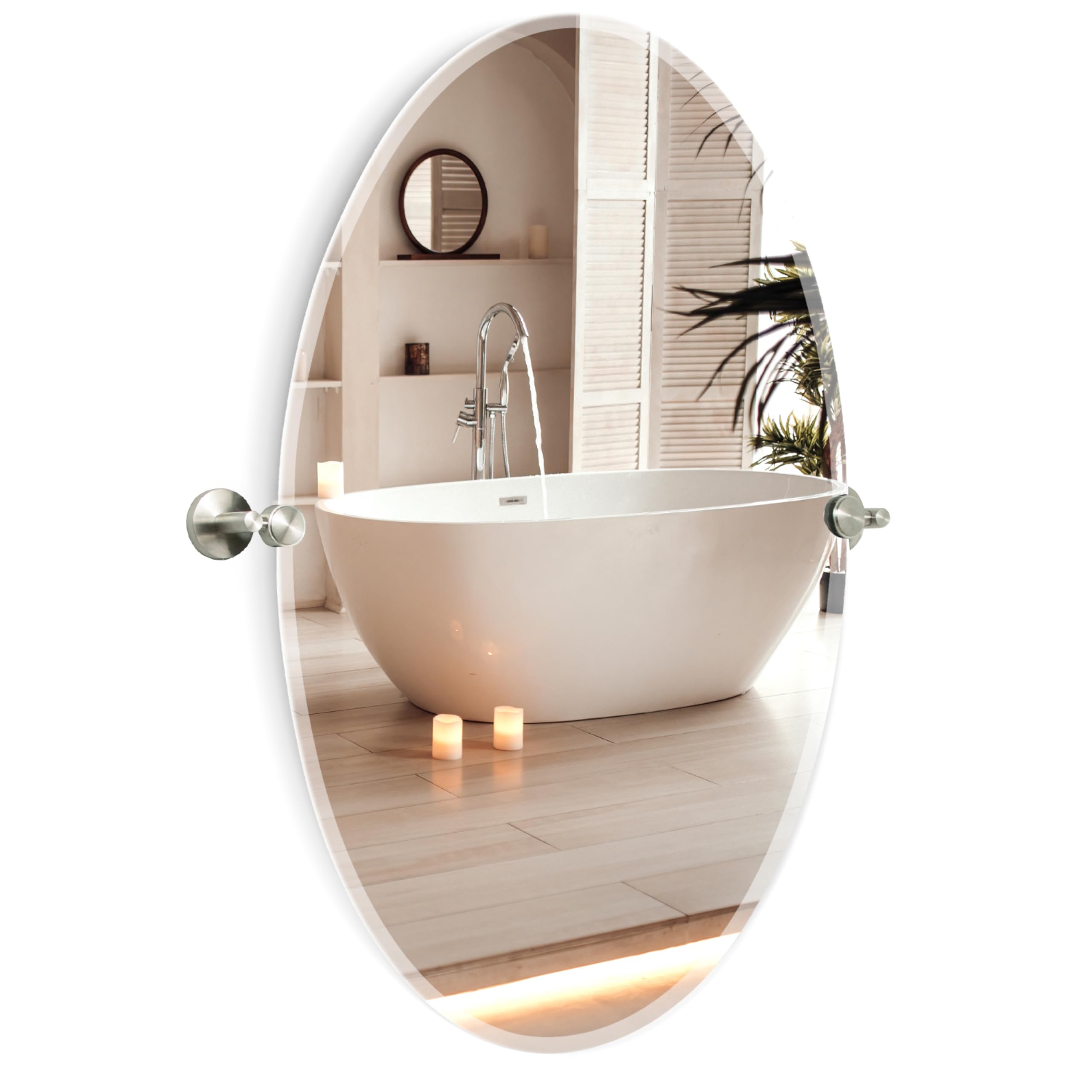 Hamilton Hills 24x36 Inch Oval Frameless Pivot Wall Mirror - Brushed Chrome Brackets - Large Bathroom Mirror with Tilt Feature - Decorative Mirrors for Bathroom, Bedroom, or Vanity - Wall-Mounted