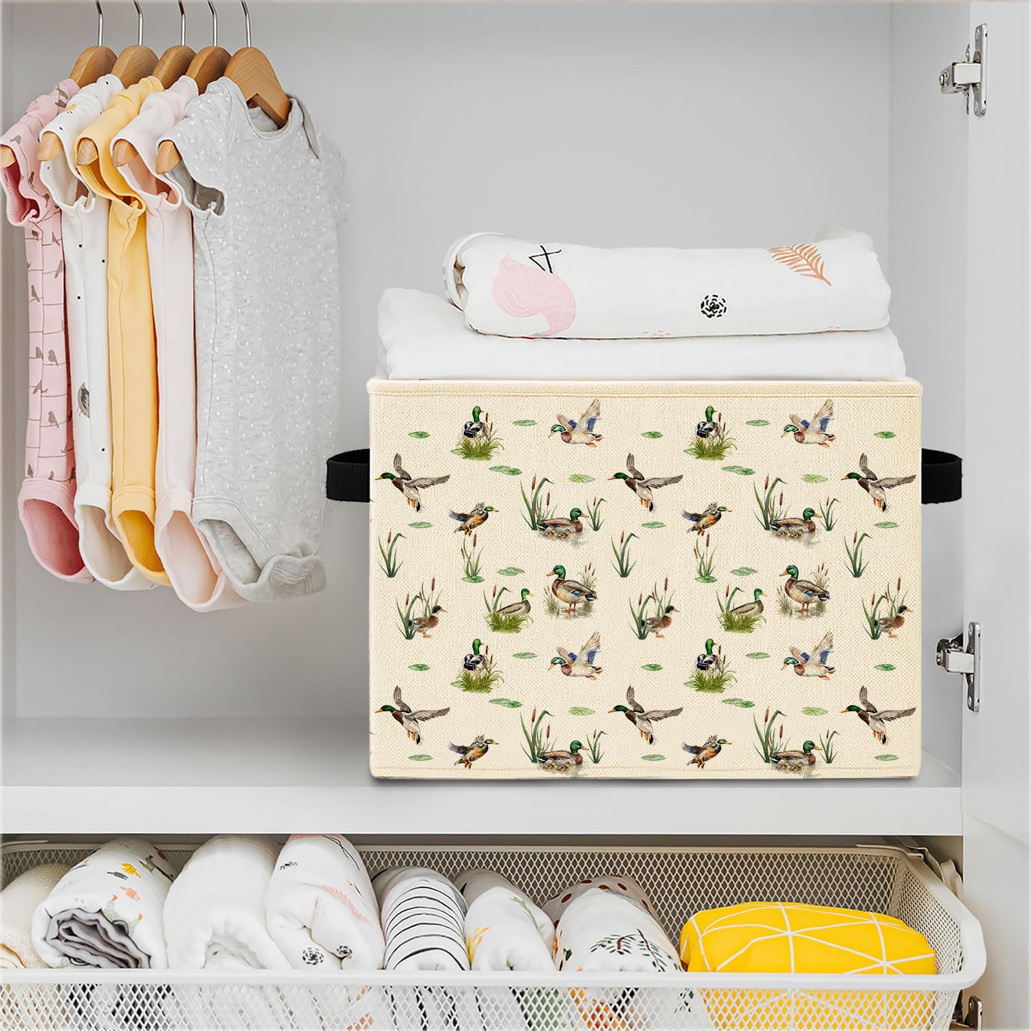 Mallard Duck Nursery Storage Bins, Rustic Pond Wild Mallard Ducks Collapsible Storage Basket Organizer for Kids Nursery Bedroom Bathroom Clothes Toys Books, Toybox for Boys