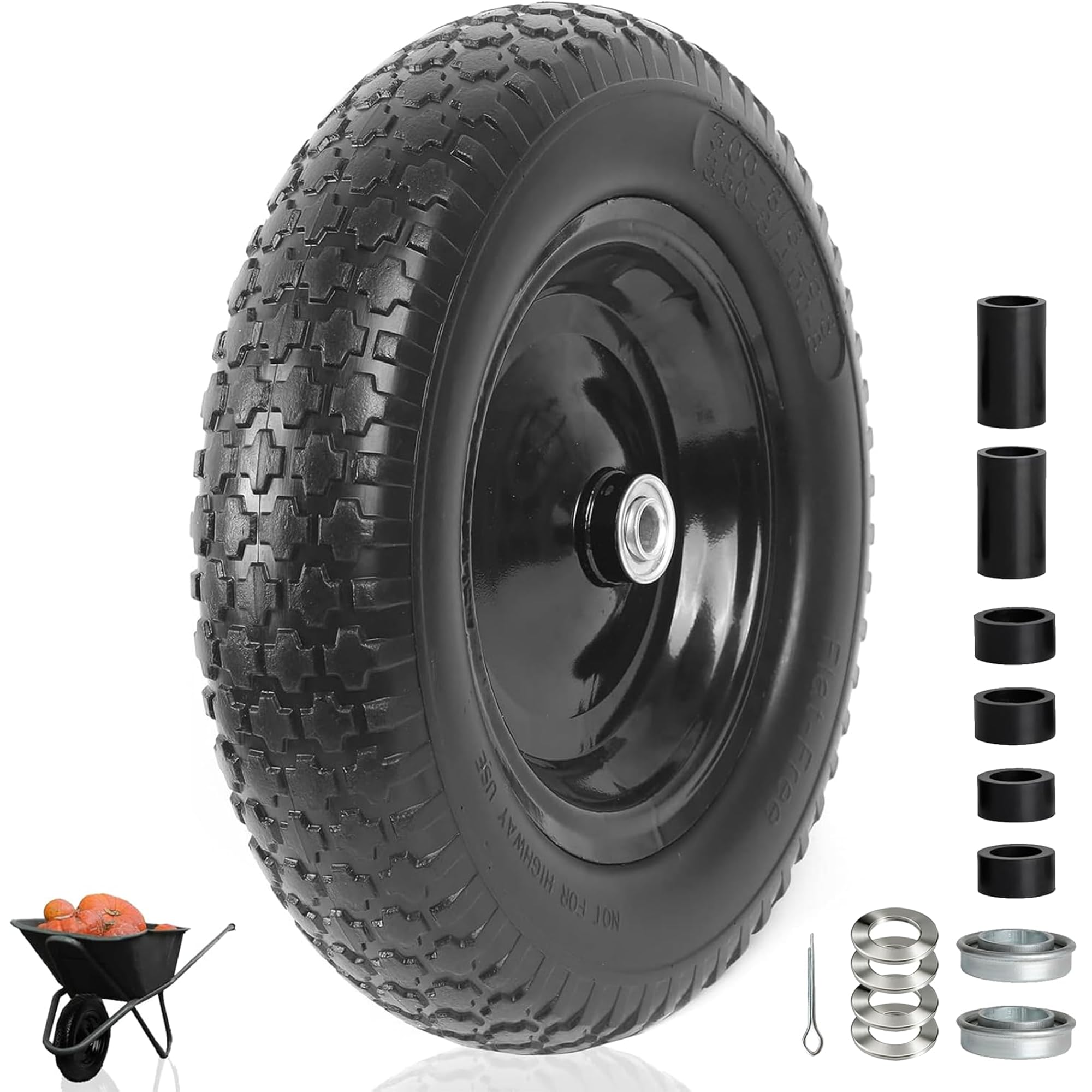 AR-PRO 2-Pack 4.80/4.00-8 Flat Free Tire and Wheel, 5/8" Bearings | Solid 14.5" Wheelbarrow Tire, 3" Centered Hub and 5/8" Bearings, Extra Adapter kit with 3/4" Bearings, 400 lb Dynamic Load