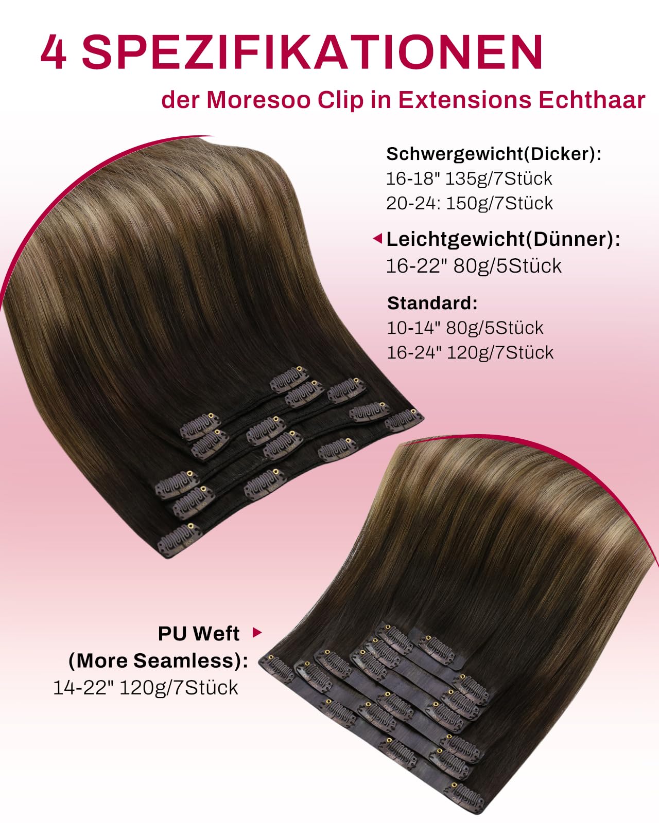 Moresoo Clip in Extensions Echthaar, Salon Qualität Weiches Glattes Haar 35 cm 5 Stück 80g Echthaar Extensions Clip in #4/10/16 Braun zu Braun mit Blond, Leicht zu Tragen Solide und Langlebig 14 Zoll