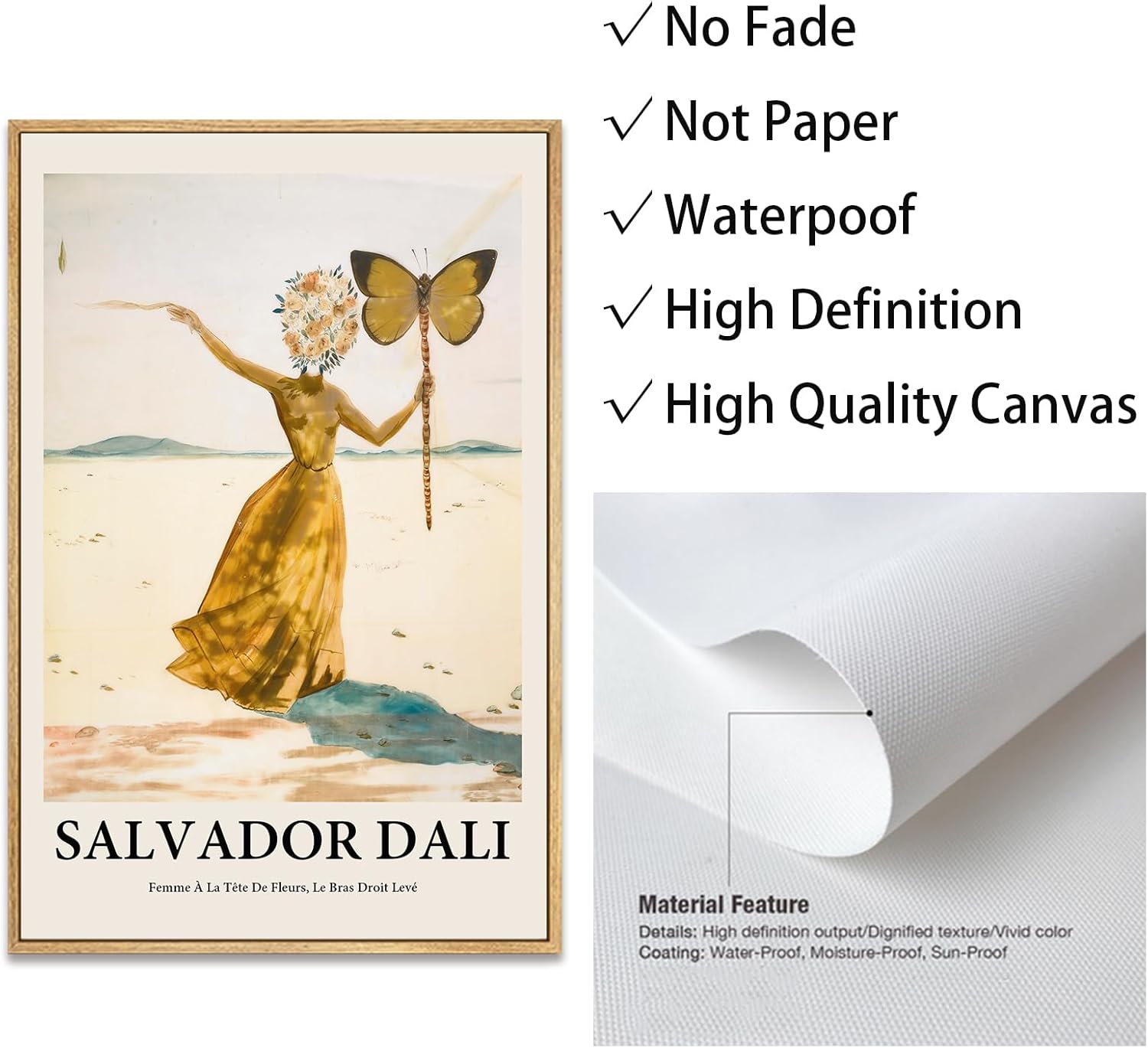 Gufro Framed Canvas Print Wall Art,Femme À La Tête De Fleurs, Le Bras Droit Levé By Salvador Dali,Bedroom,Office-16''x24''Natural Framed