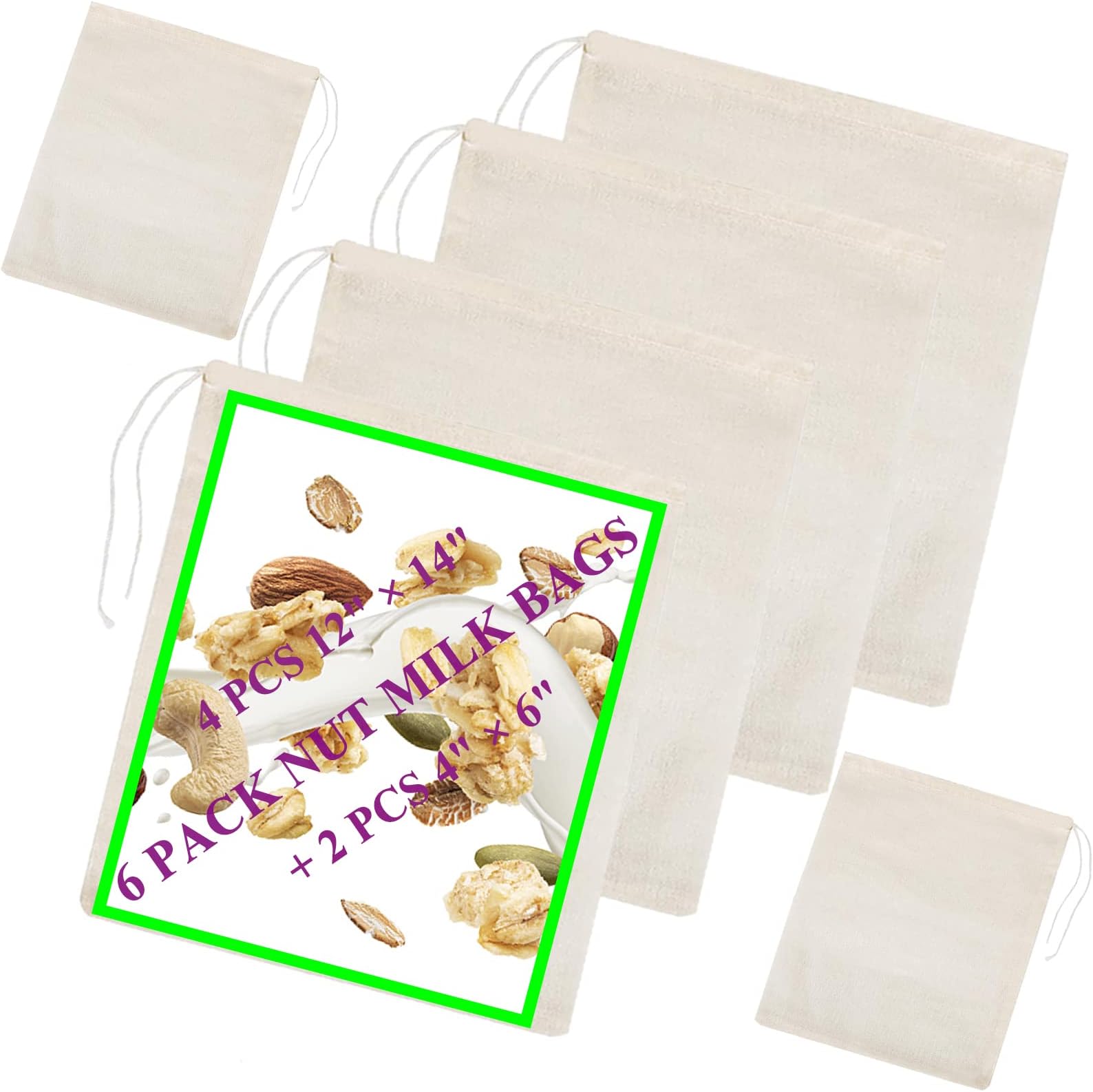 2-Pack Organic Cotton Nut Milk Bags - 14x14 Reusable Strainer For Almond Milk, Cheese Making