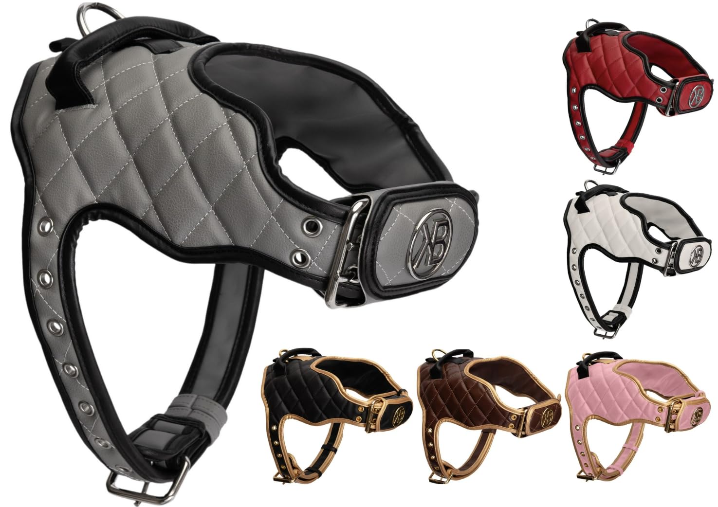 Kaycee Belle® Luxury Dog Harness Comfortable Adjustable Premium soft Padded Vegan Leather No pull no-choke harness with power strap small medium large dogs (Grey Harness, Large)