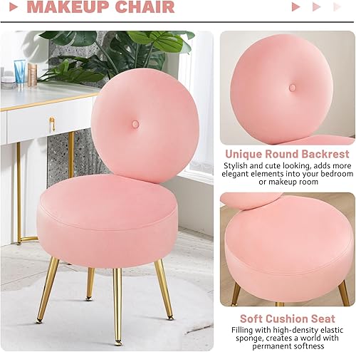 Miniatura 7 de Furniliving Taburete de tocador de terciopelo con respaldo, silla de maquillaje para tocador con patas de metal, silla de sala de estar de mediados