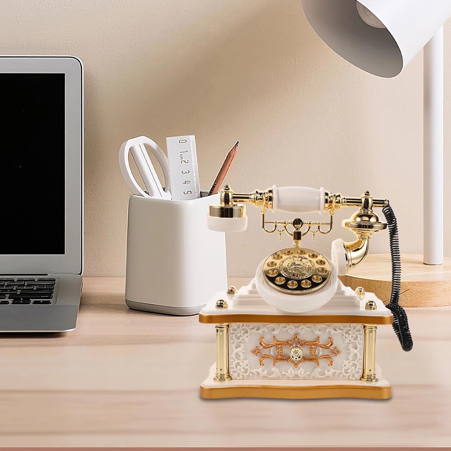 Ciieeo Retro Telephone Music Box Vintage Style Dial Phone Model Old Fashioned Telephone Figurine for Home Office and Bar Decoration