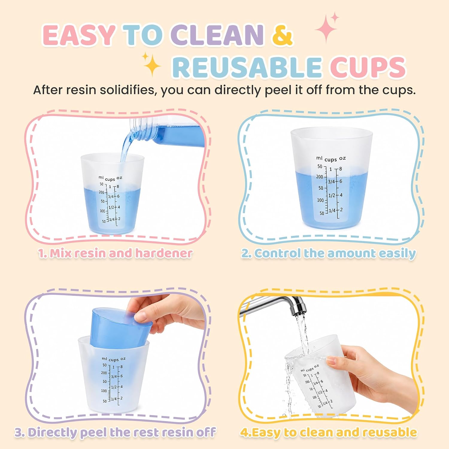 4Pcs Silicone Resin Mixing Measuring Cups 250ml / 8oz for Resin Supplies, Easy-to-Read Black Marks, Non-Stick Reusable Silicone Pouring Cups for Epoxy Mixing