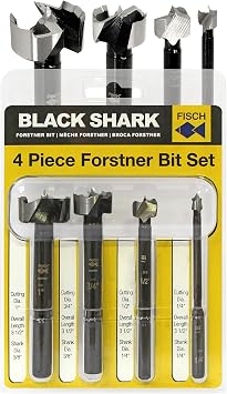Fisch FSA-367178 4 Piece Black Shark Forstner Drill Bit Set Blister Pack Includes Bits from 1/4-inch up to 1-inch Diameter Premium Forged Steel Made in Austria