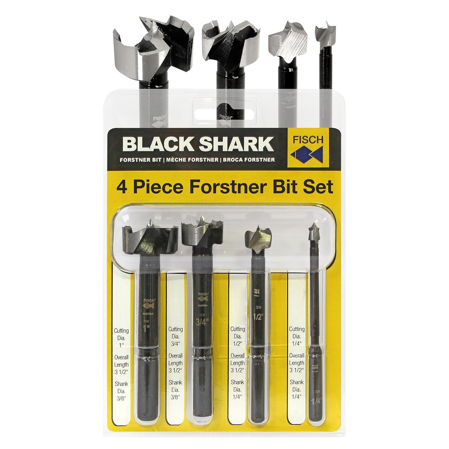 Fisch Black Shark Forged Steel Forstner Drill Bit Set for Woodworking, Precision Wave Design, Clean Cuts in Hardwoods, MDF, and Plywood, Made in Austria (4 Pcs. Set Inc.(1/4" to 1") in Blister Pack)