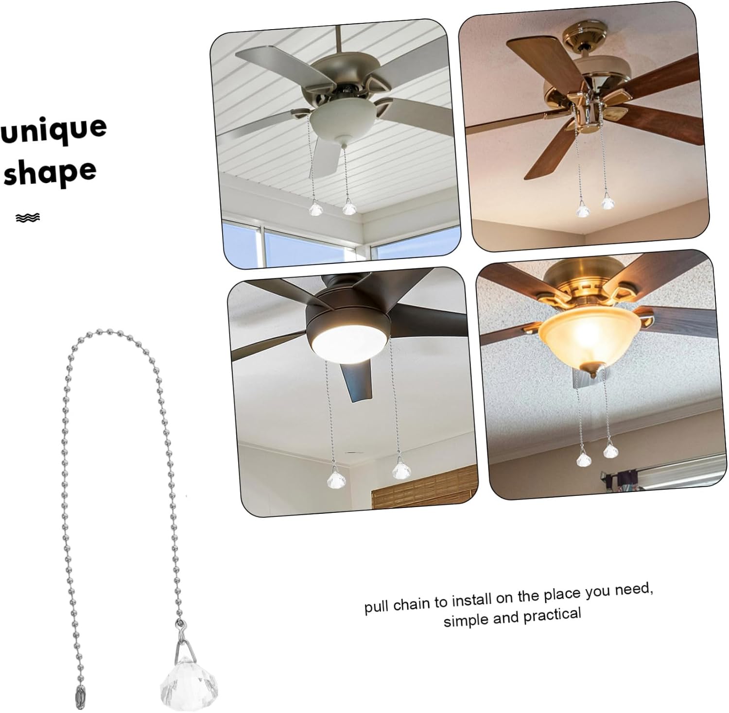Ceiling Fan Pull Chain Extender with Crystal Balls 2-Piece Set DIY Home Decor Accessories for Ceiling Fans and Pendant Lamps