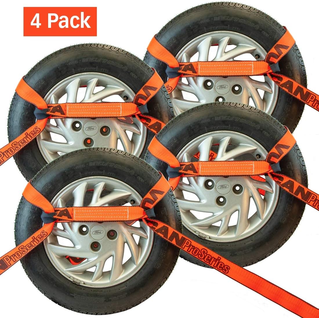VULCAN 8-Point Roll Back Vehicle Tie Down Kit with Snap Hook on Strap Ends and Chain Tail on Ratchet Ends - Set of 4 - PROSeries Optic Orange - Image 4