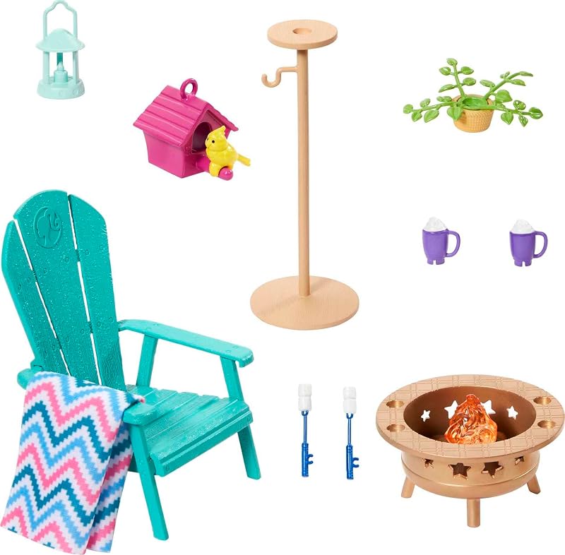Barbie Furniture & Accessories Set, Doll House Décor, 10+ Pieces for Backyard Patio with Chair, Firepit, Birdhouse, Bird & More