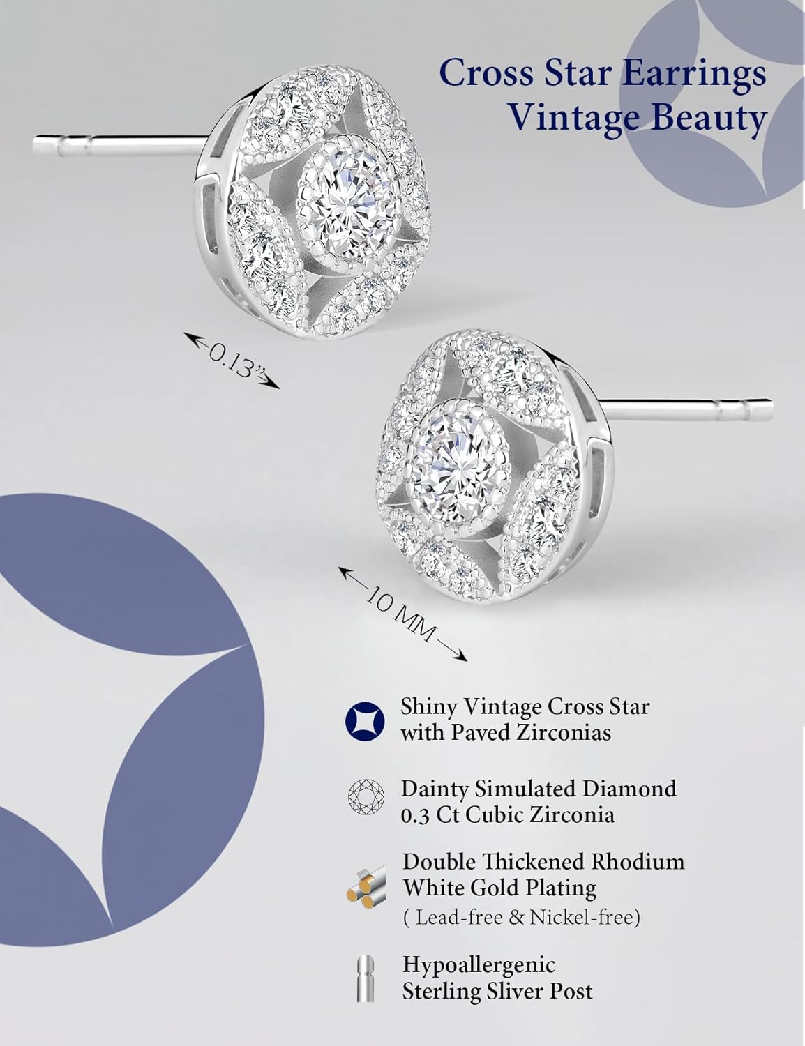 Vintage Cubic Zirconia Necklace Earring Set for Women in White Gold Plated, Round Paved Simulated Diamond Pendant Necklace & Cross Star Earrings Studs, Dainty Cz Jewelry Set for Women - Image 2